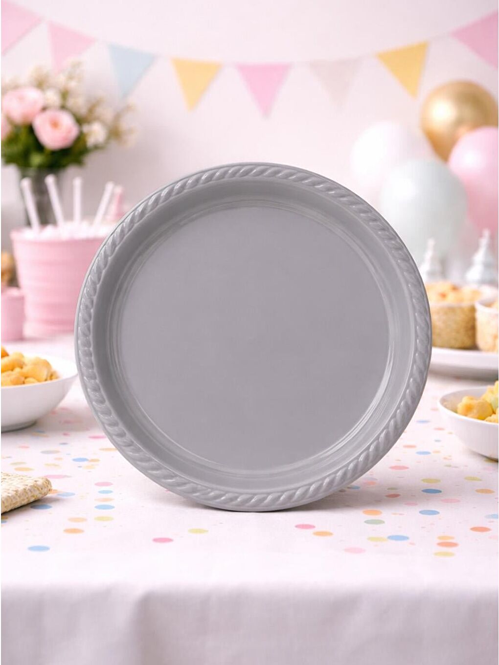 Gri Plastik Tabak Doğum Günü Parti Tabağı Gümüş 21 cm 25'li