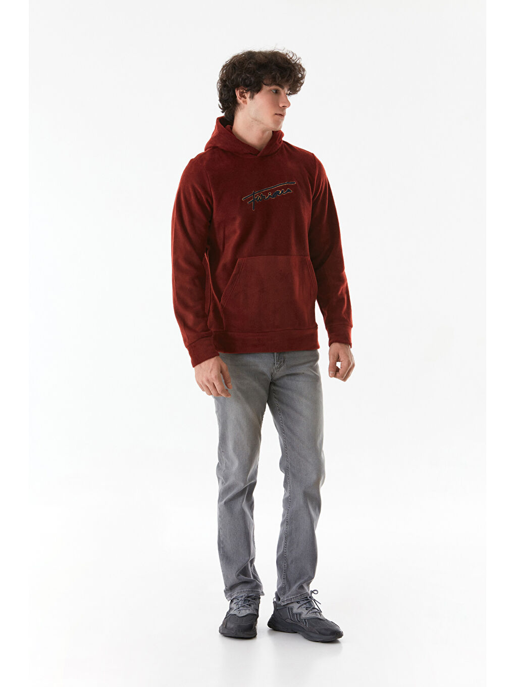 Fullamoda Bordo Yazı Nakışlı Kanguru Cepli Kapüşonlu Polar Sweatshirt - 2