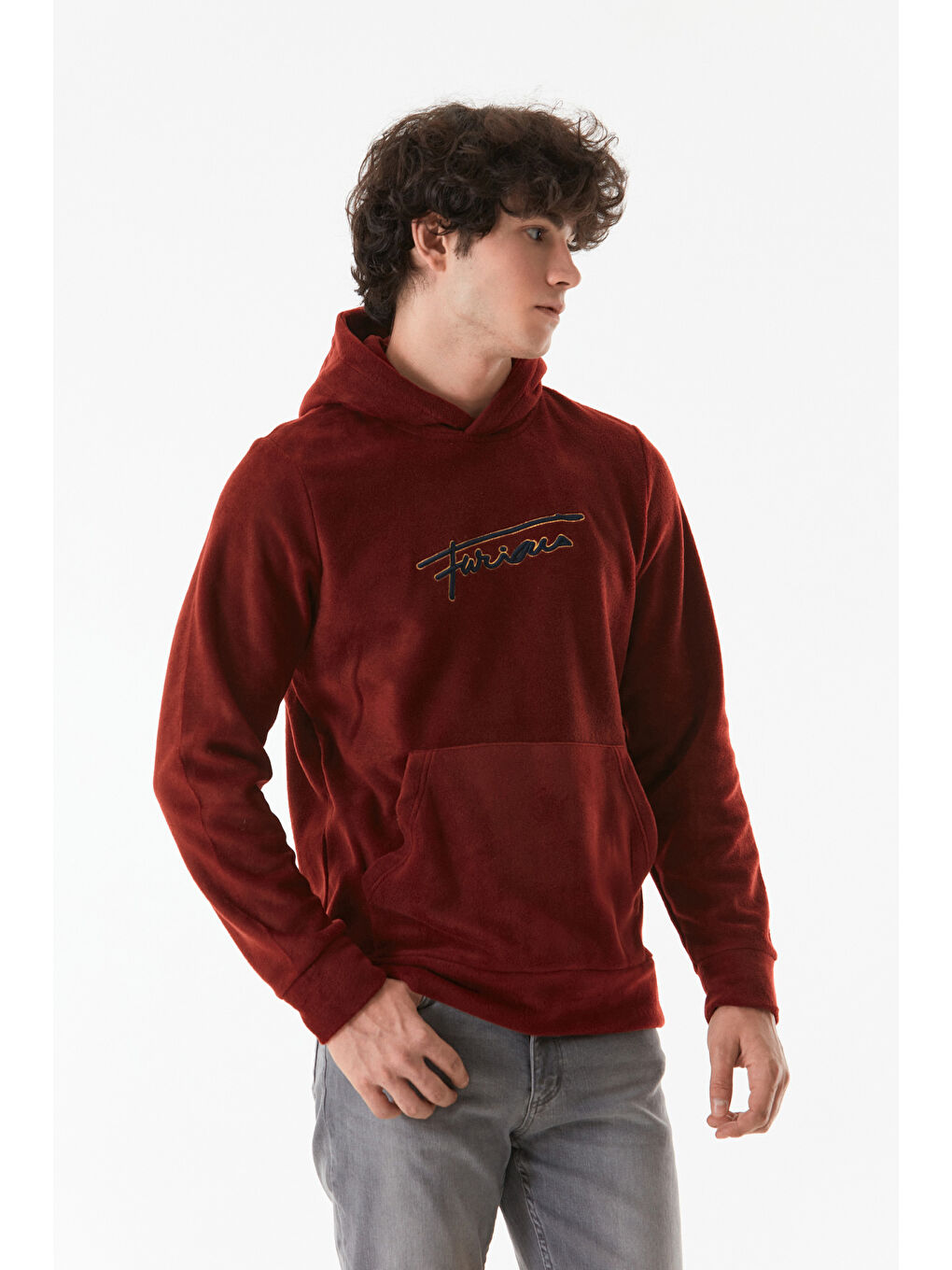 Fullamoda Bordo Yazı Nakışlı Kanguru Cepli Kapüşonlu Polar Sweatshirt - 3