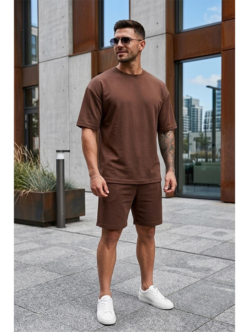Kahverengi Modal Kumaş Oversize Erkek Şort Tişört Takım-1