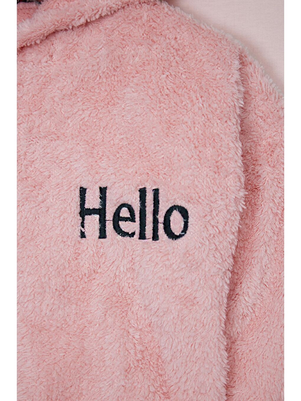 Pembe Hello Nakışlı Fermuarlı Unisex Çocuk Pelüş Mont-2