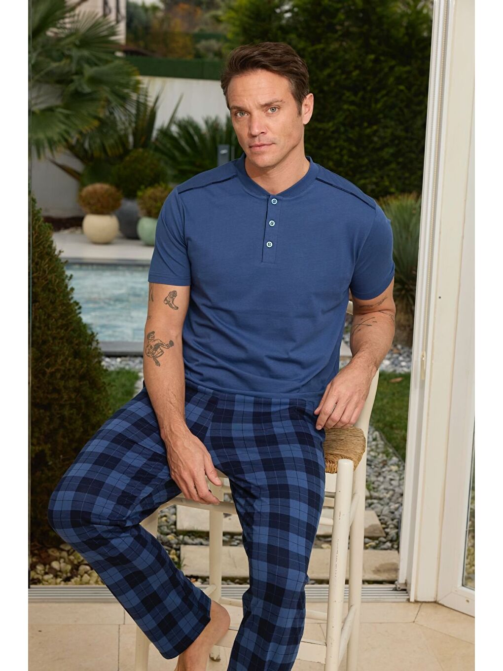 Mavi Erkek %100 Organik Pamuk Kısa Kollu Ekose Yüksek Kaliteli Pijama Takımı