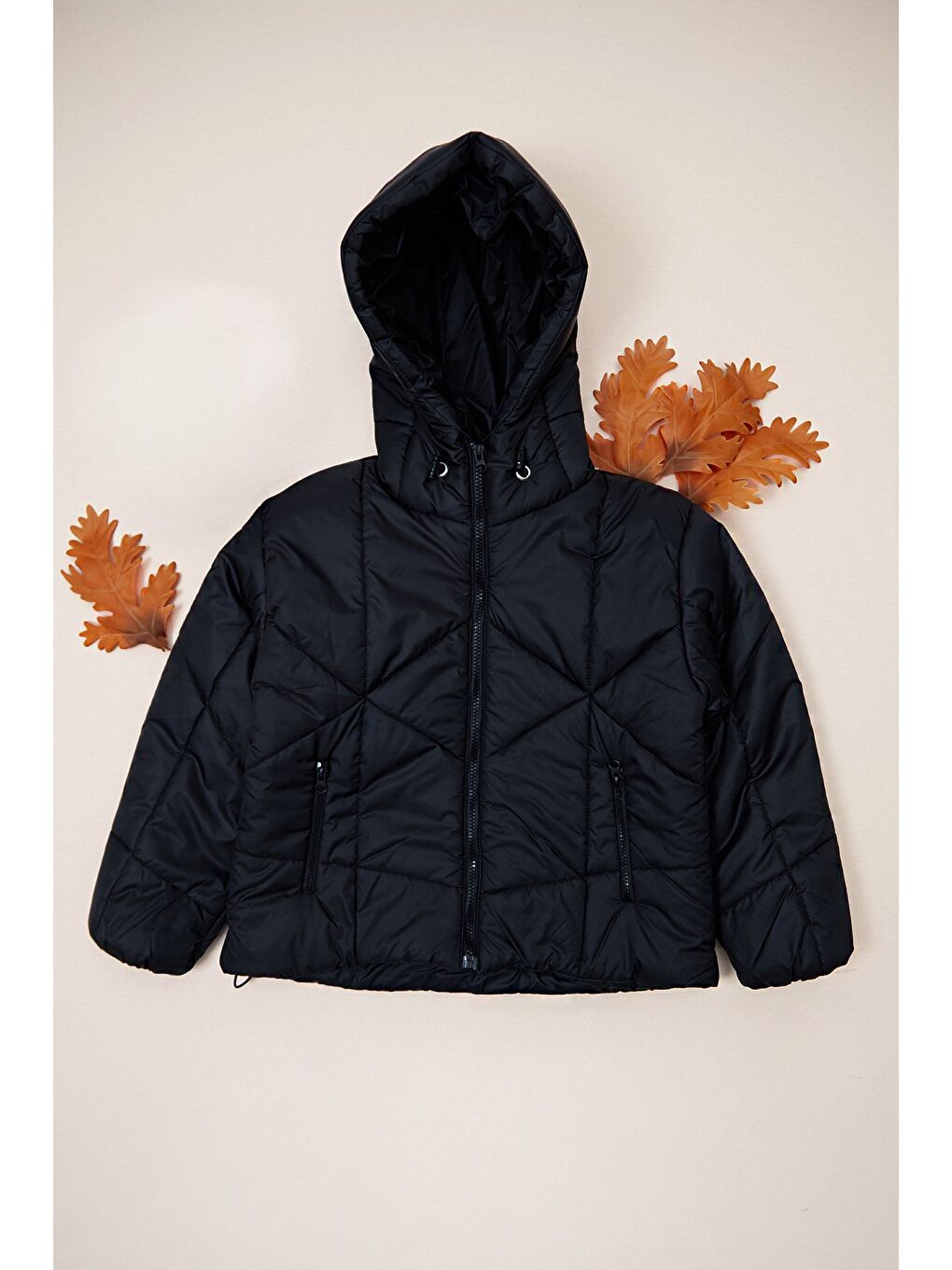 Siyah Fermuarlı Stoperli Kapüşonlu Kız Çocuk Şişme Mont