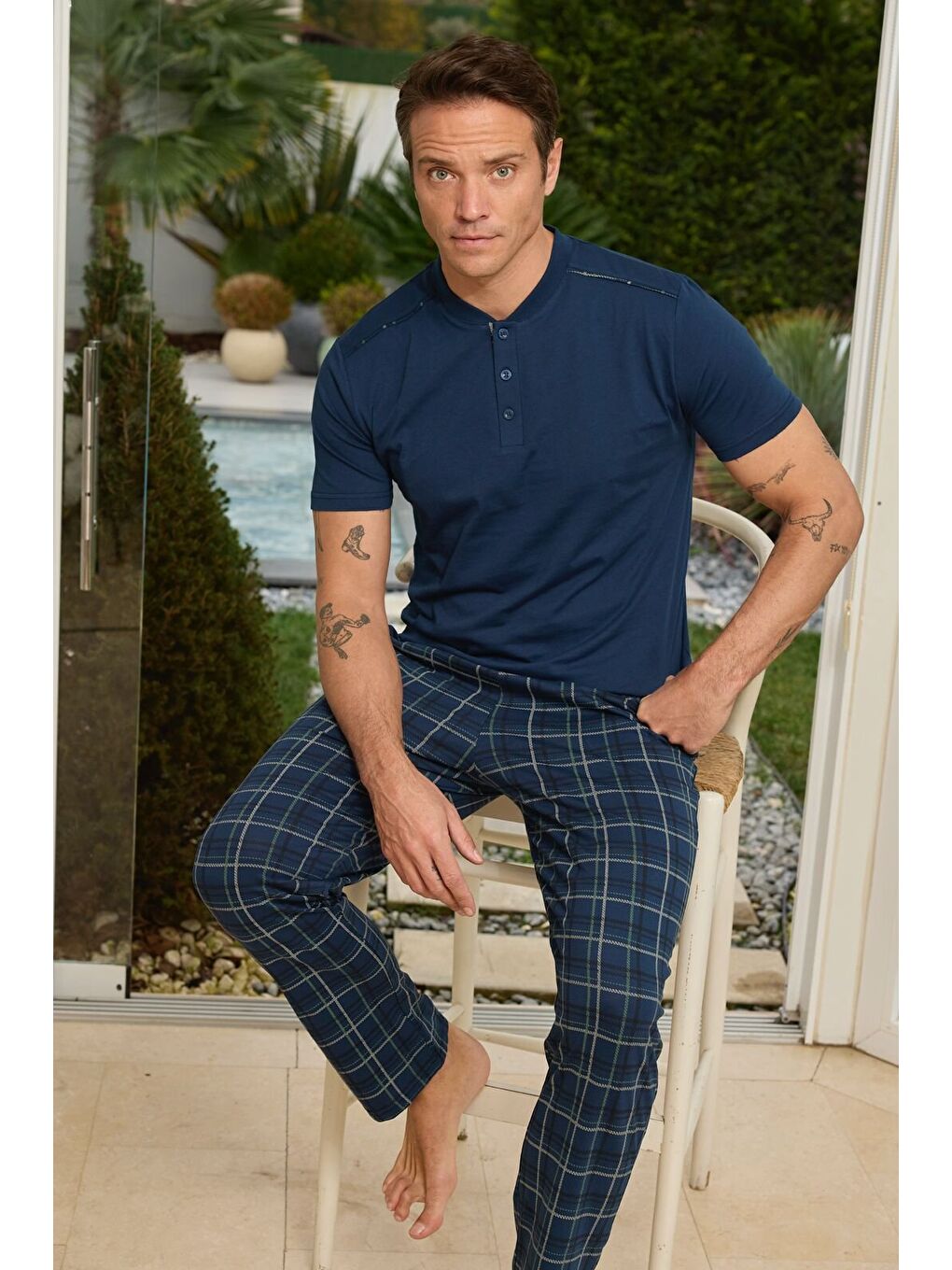 Lacivert Erkek %100 Organik Pamuk Kısa Kollu Ekose Yüksek Kaliteli Pijama Takımı