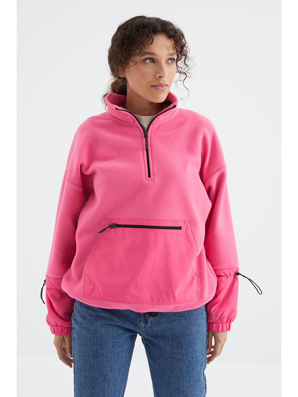 TOMMYLIFE Şeker Pembe Etek Ucu Büzgülü Yarım Fermuarlı Oversize Kadın Polar Sweatshirt - 97238 - 2