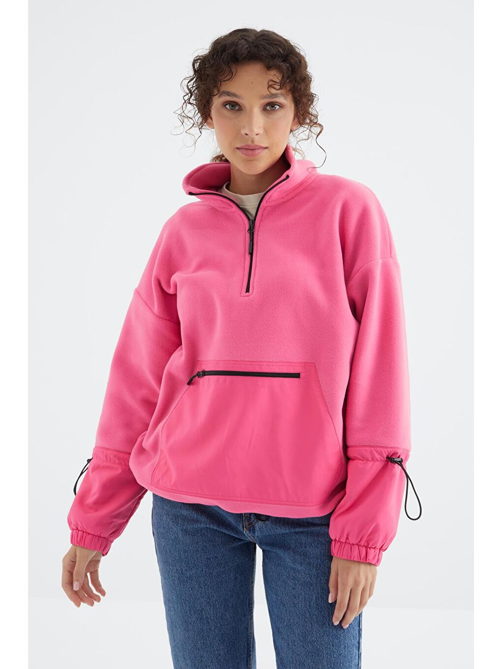 TOMMYLIFE Şeker Pembe Etek Ucu Büzgülü Yarım Fermuarlı Oversize Kadın Polar Sweatshirt - 97238 - 4