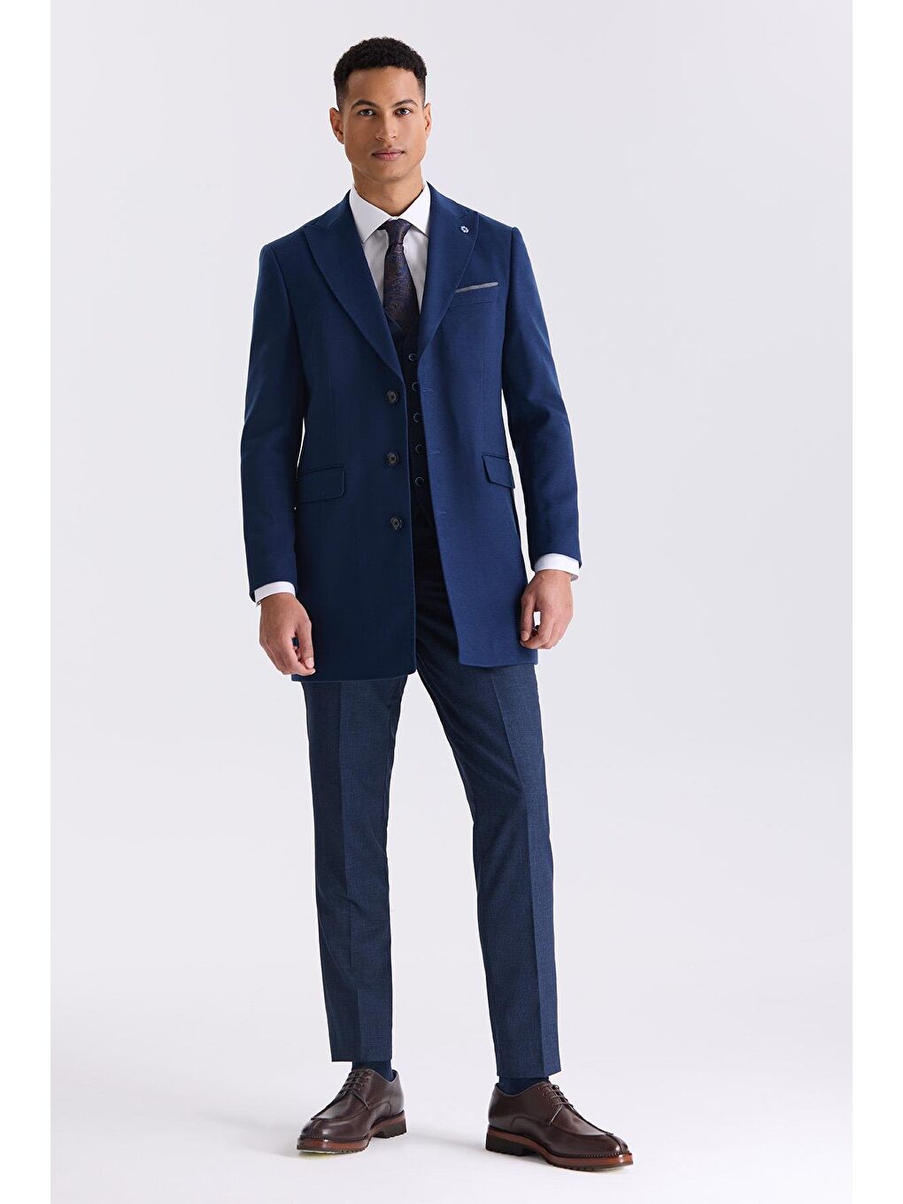 Koyu Lacivert Slim Fit Sivri Yaka Kaban-1