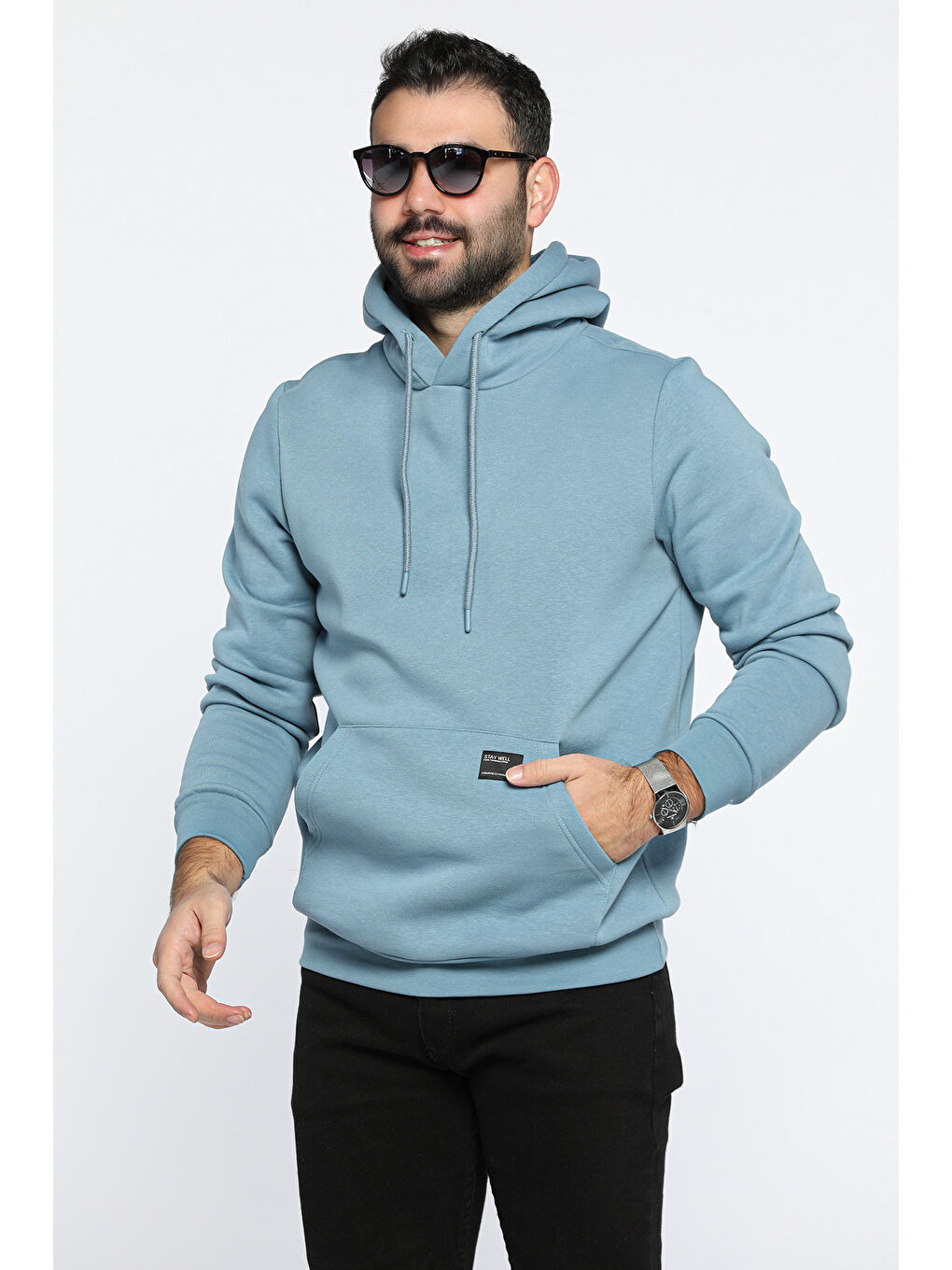 Mishar İtalia Mavi Erkek Kapüşonlu Şardonlu Üç İplik Sweatshirt