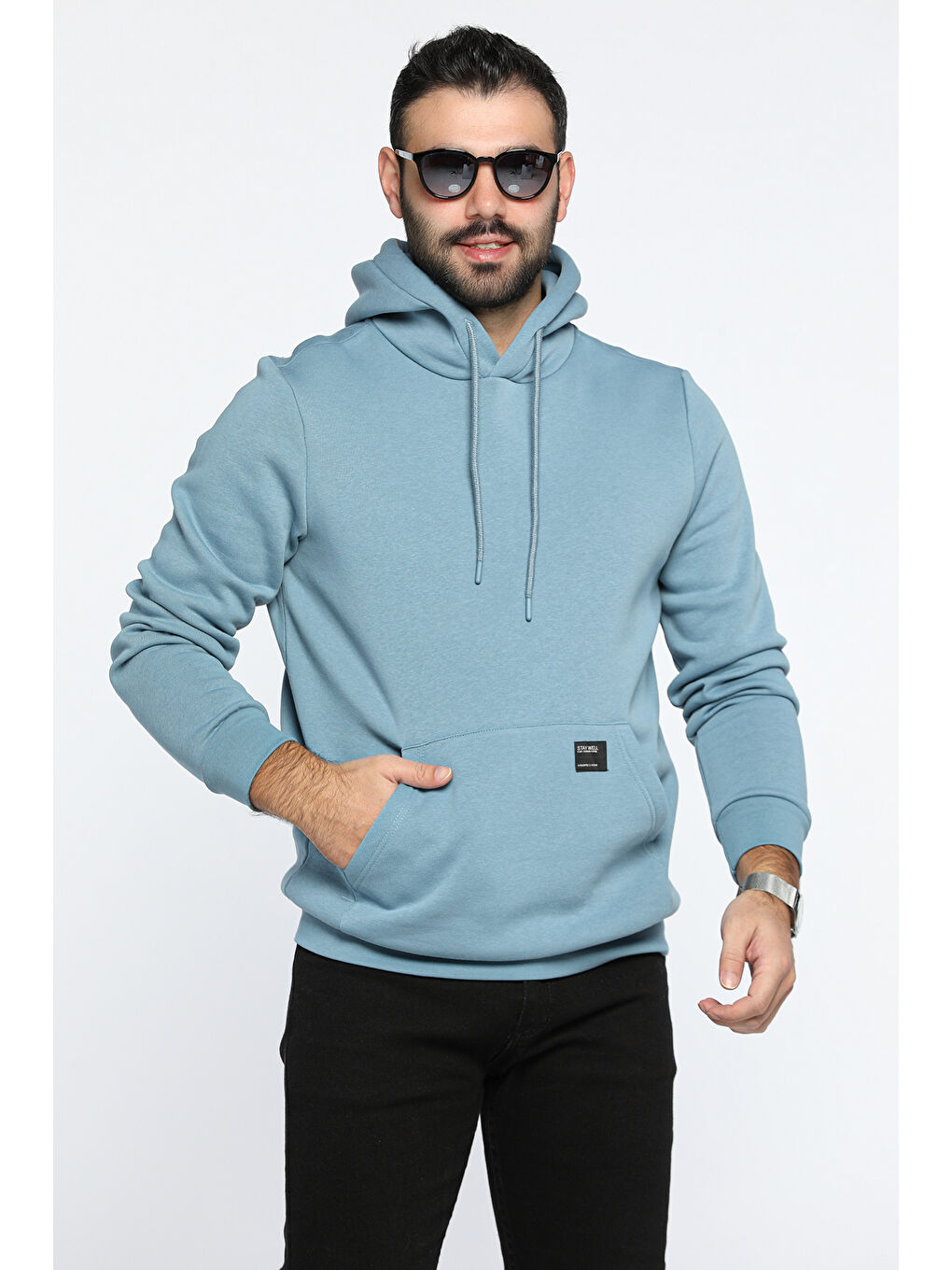 Mishar İtalia Mavi Erkek Kapüşonlu Şardonlu Üç İplik Sweatshirt - 1