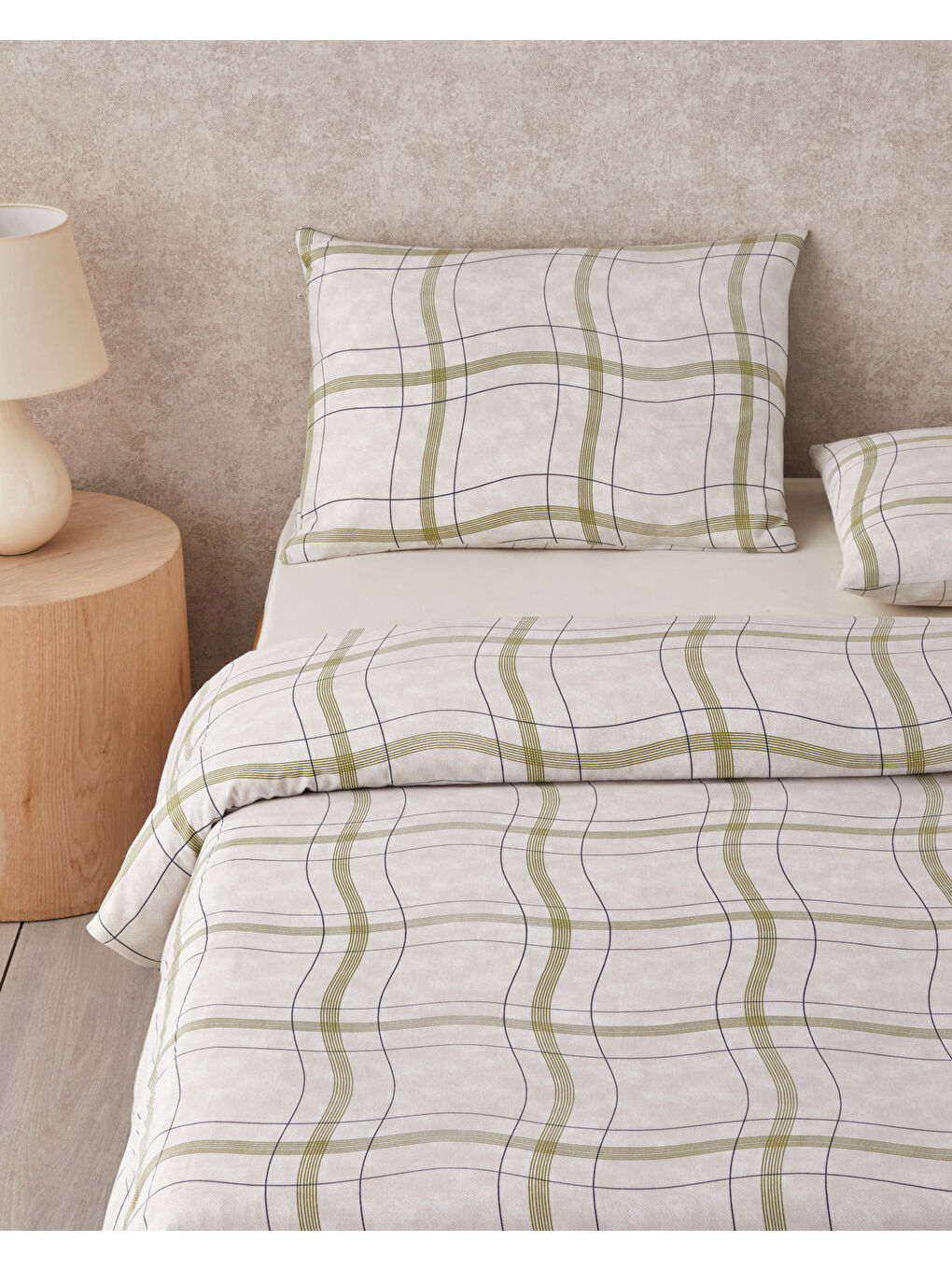 Wave Check Kolay Ütülenir Çift Kişilik Çarşaflı Nevresim Takımı 200x220 cm Açık Yeşil-Bej-1