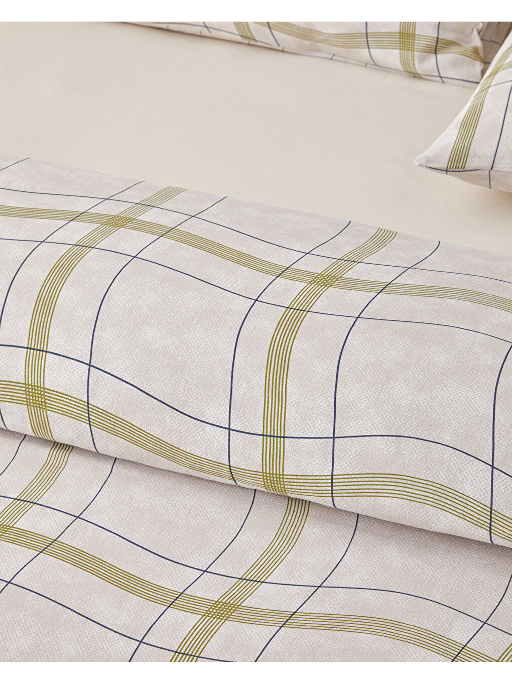 Wave Check Kolay Ütülenir Çift Kişilik Çarşaflı Nevresim Takımı 200x220 cm Açık Yeşil-Bej-2