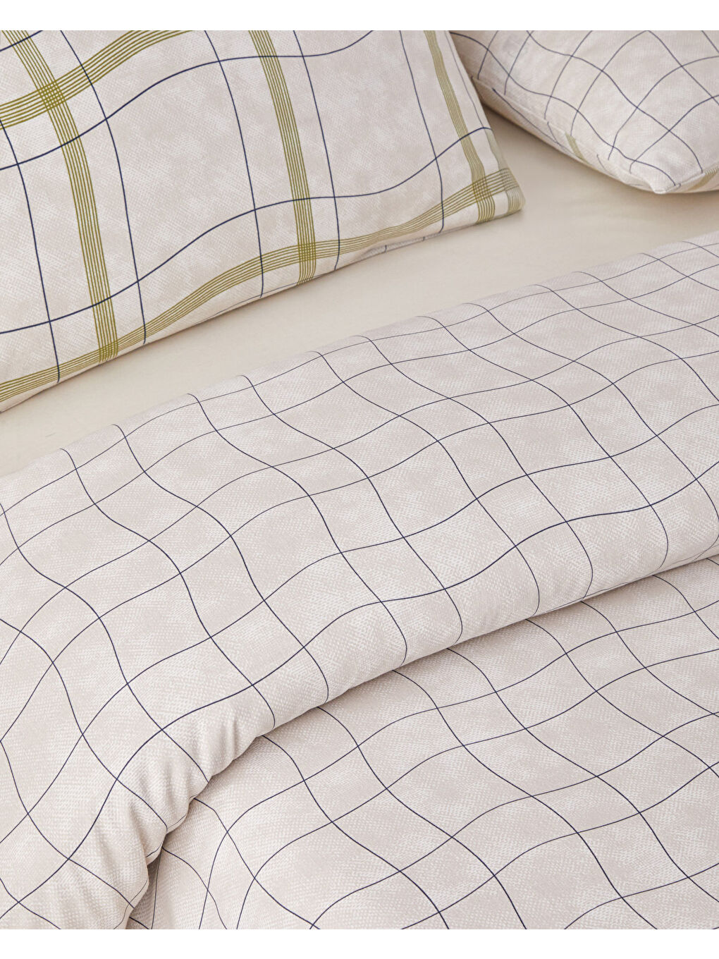 Wave Check Kolay Ütülenir Çift Kişilik Çarşaflı Nevresim Takımı 200x220 cm Açık Yeşil-Bej-4