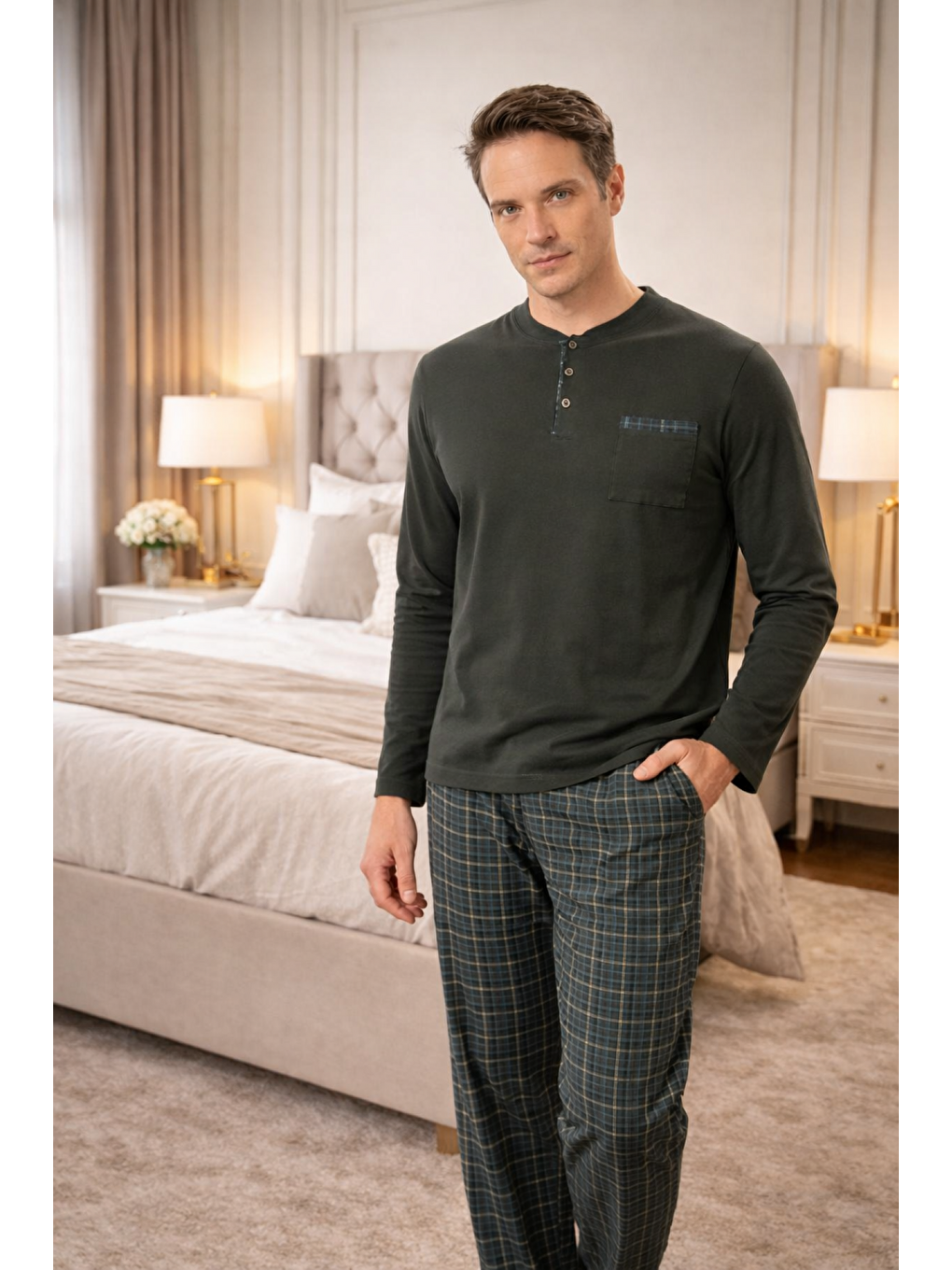 Haki Erkek %100 Doğal Organik Pamuk Uzun Kollu Yüksek Kaliteli Pijama Takımı-1