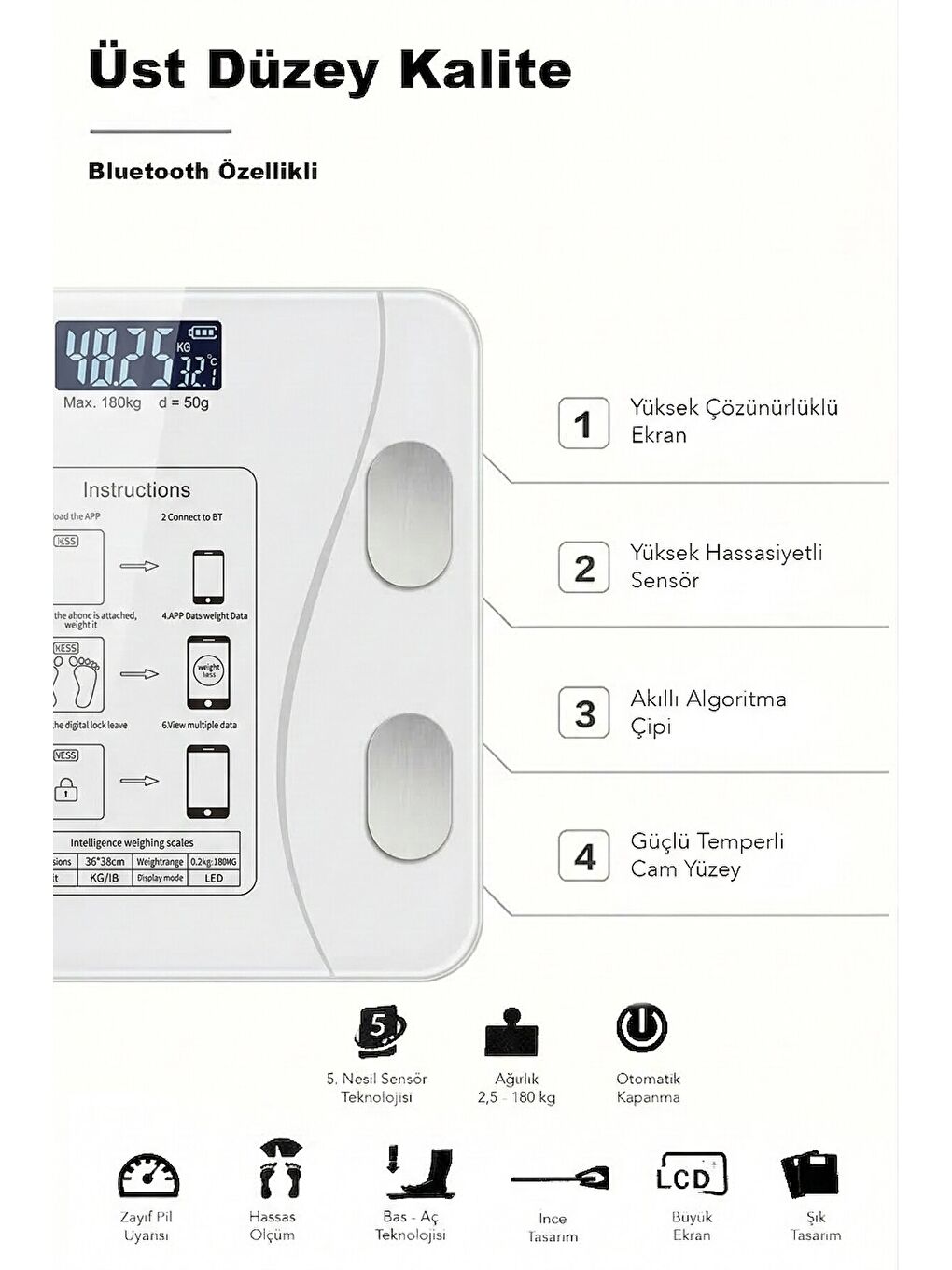 Beyaz Dijital Bluetooth Baskül-4