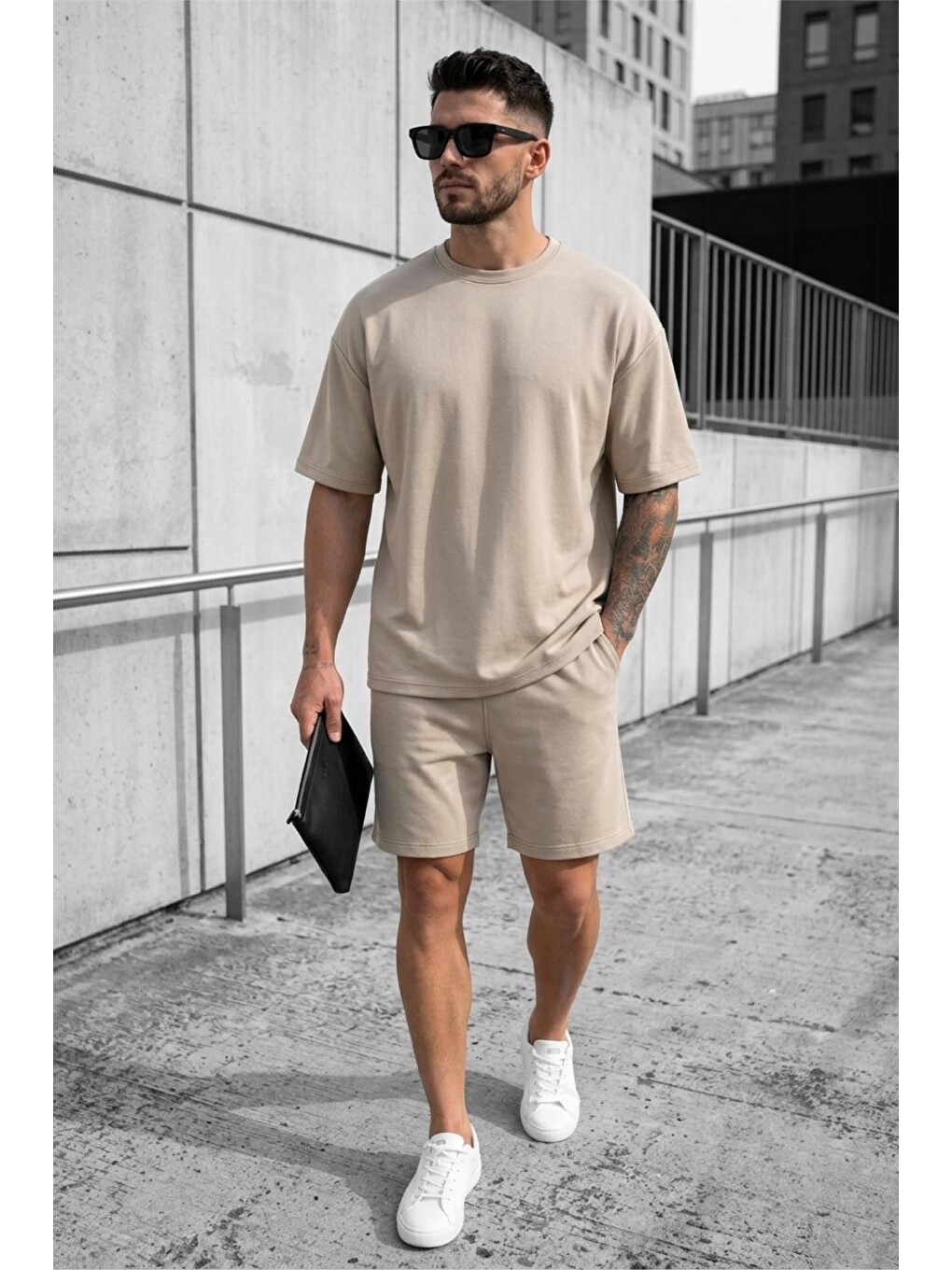 Ekru Modal Kumaş Oversize Erkek Şort Tişört Takım