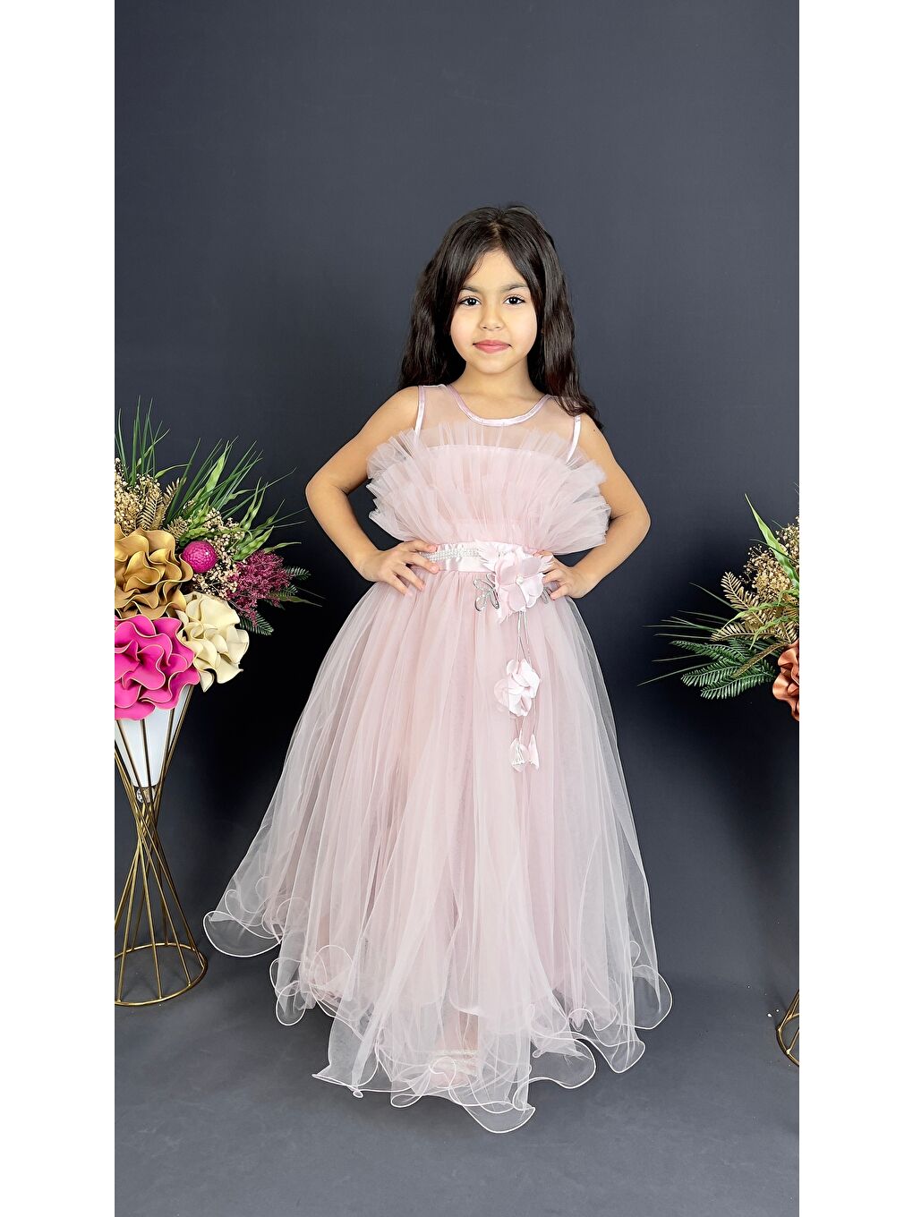 Pembe Kız Çocuk Robası Katlı Özel Abiye Elbise MNK0475-8