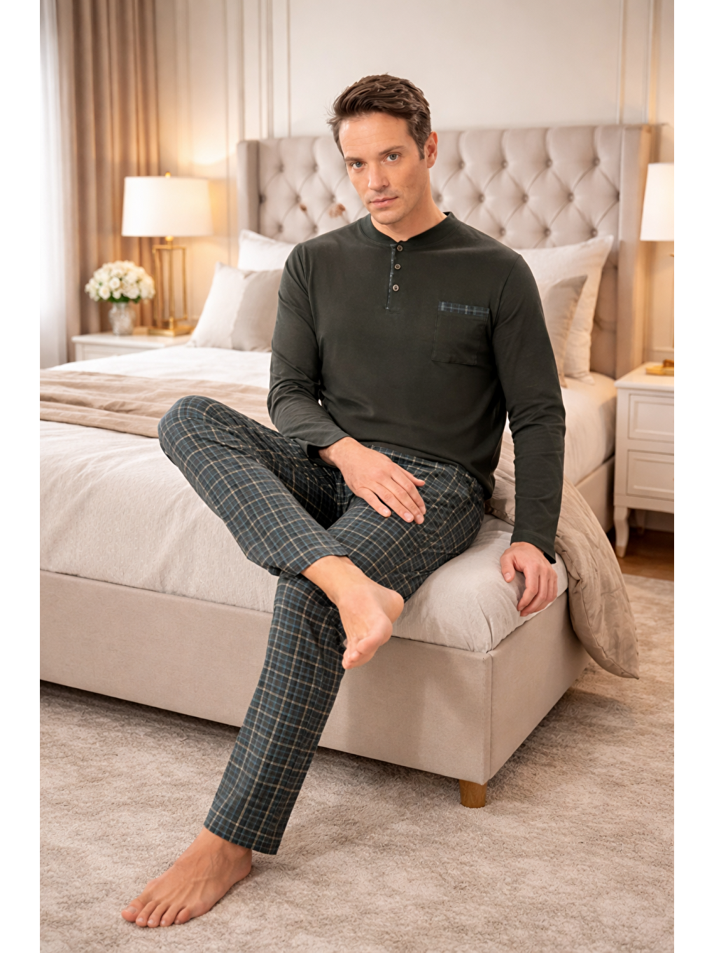 Haki Erkek %100 Doğal Organik Pamuk Uzun Kollu Yüksek Kaliteli Pijama Takımı-2