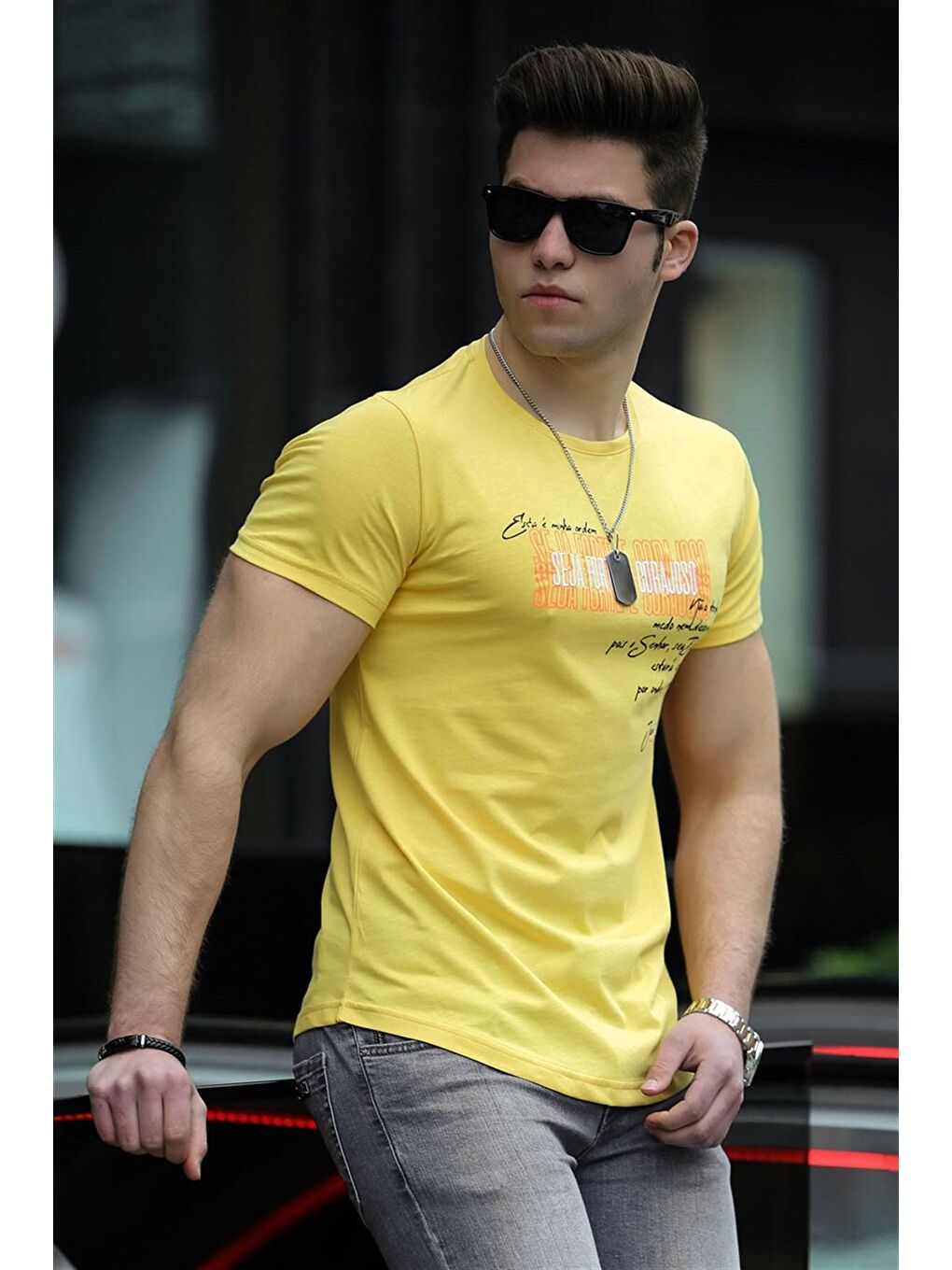 Baskılı Sarı Erkek Tişört 4478