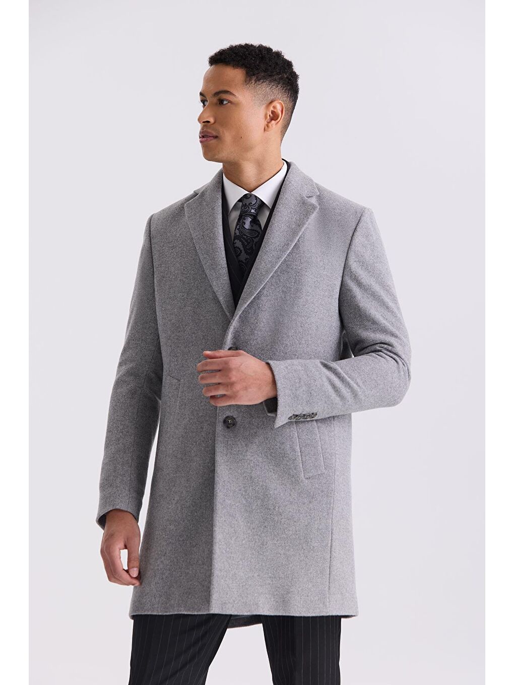 Gri Comfort Fit Mono Yaka Yan Cep Kaşe Kaban