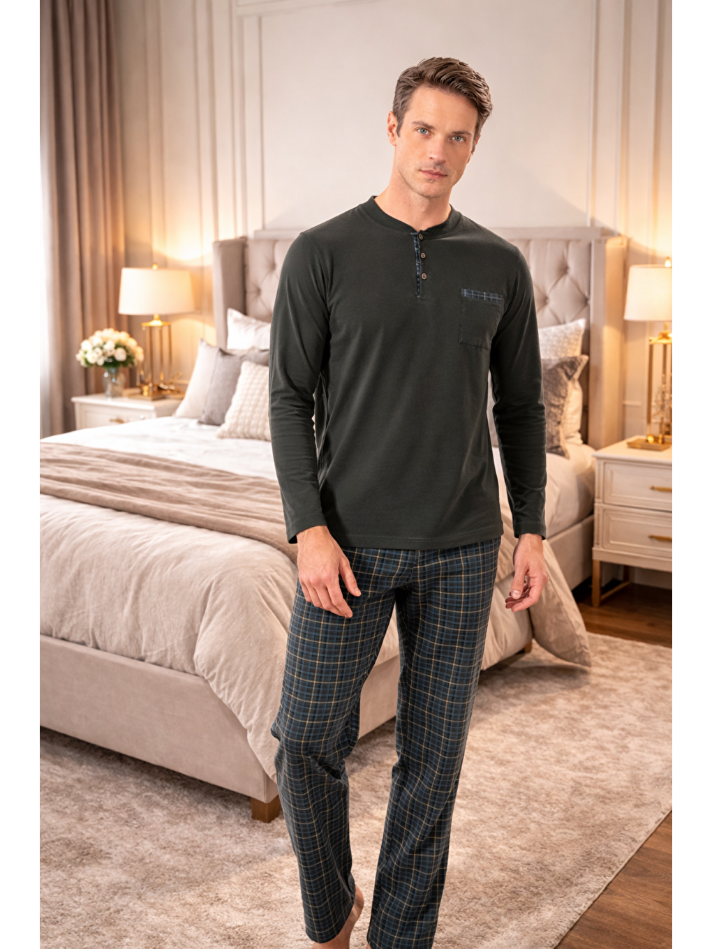 Haki Erkek %100 Doğal Organik Pamuk Uzun Kollu Yüksek Kaliteli Pijama Takımı-3