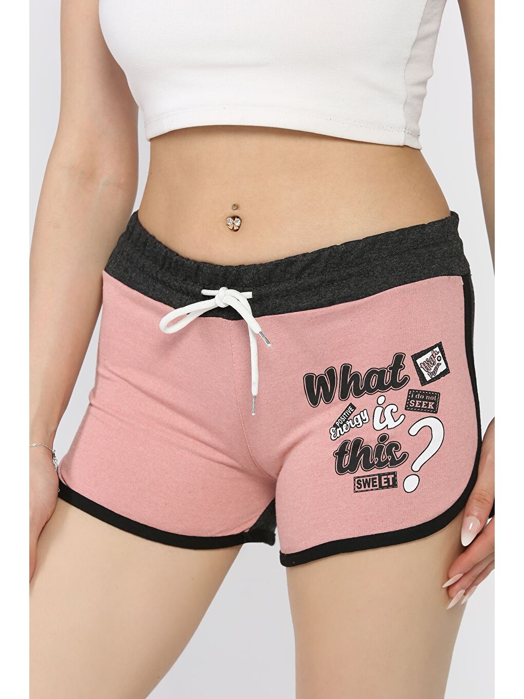 Pembe Kadın Biyeli Baskılı Mini Şort-1