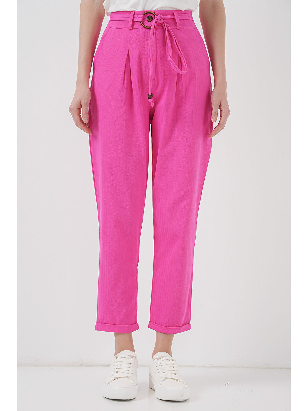 6660 Kemerli Keten Pantolon - Fuşya-1