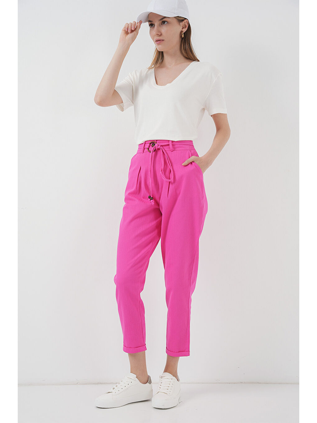 6660 Kemerli Keten Pantolon - Fuşya-2
