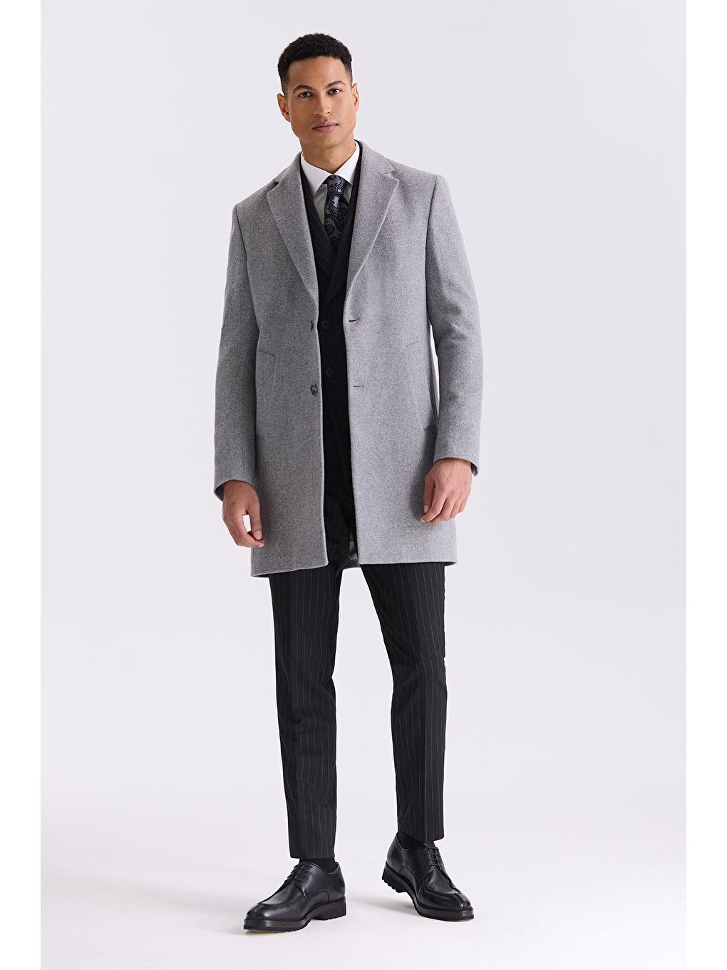 Gri Comfort Fit Mono Yaka Yan Cep Kaşe Kaban-1