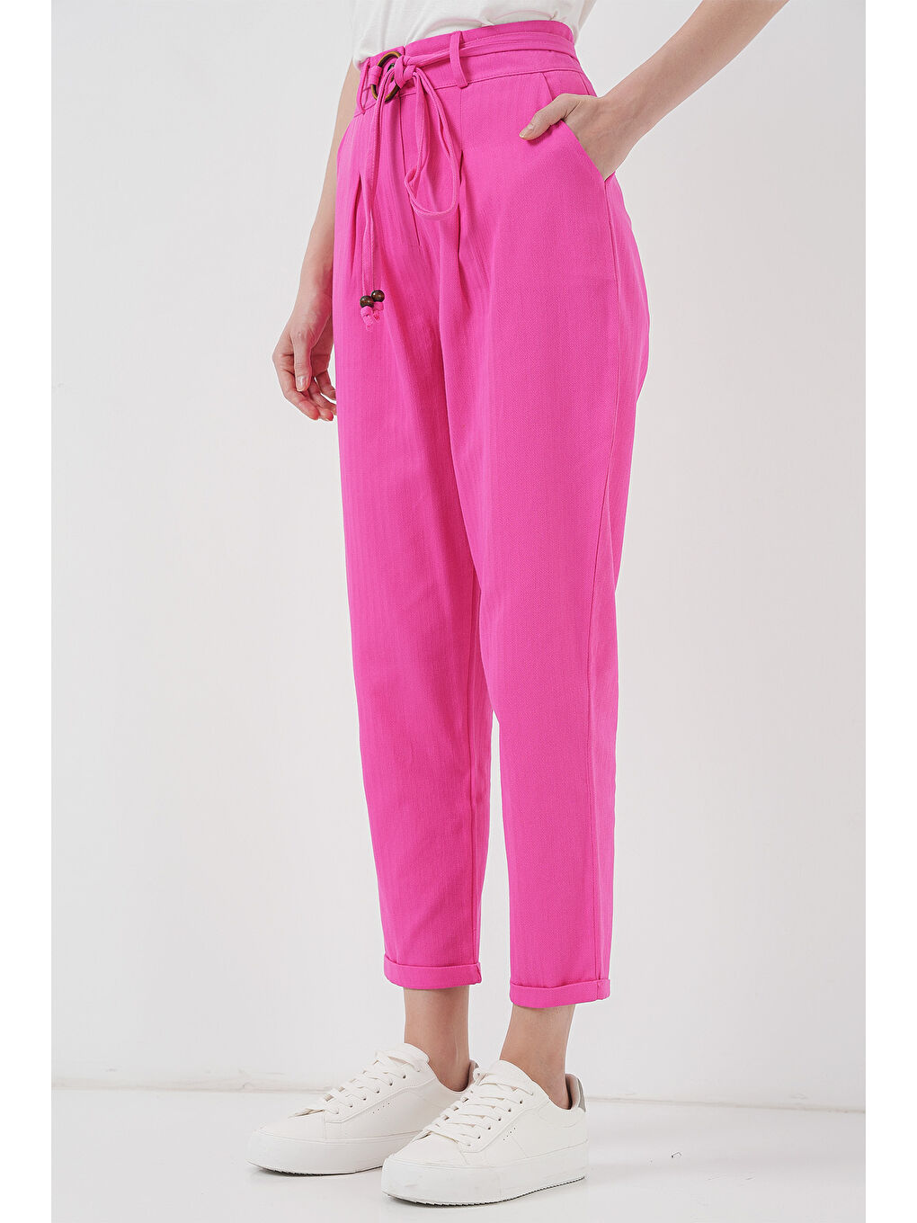 6660 Kemerli Keten Pantolon - Fuşya-3