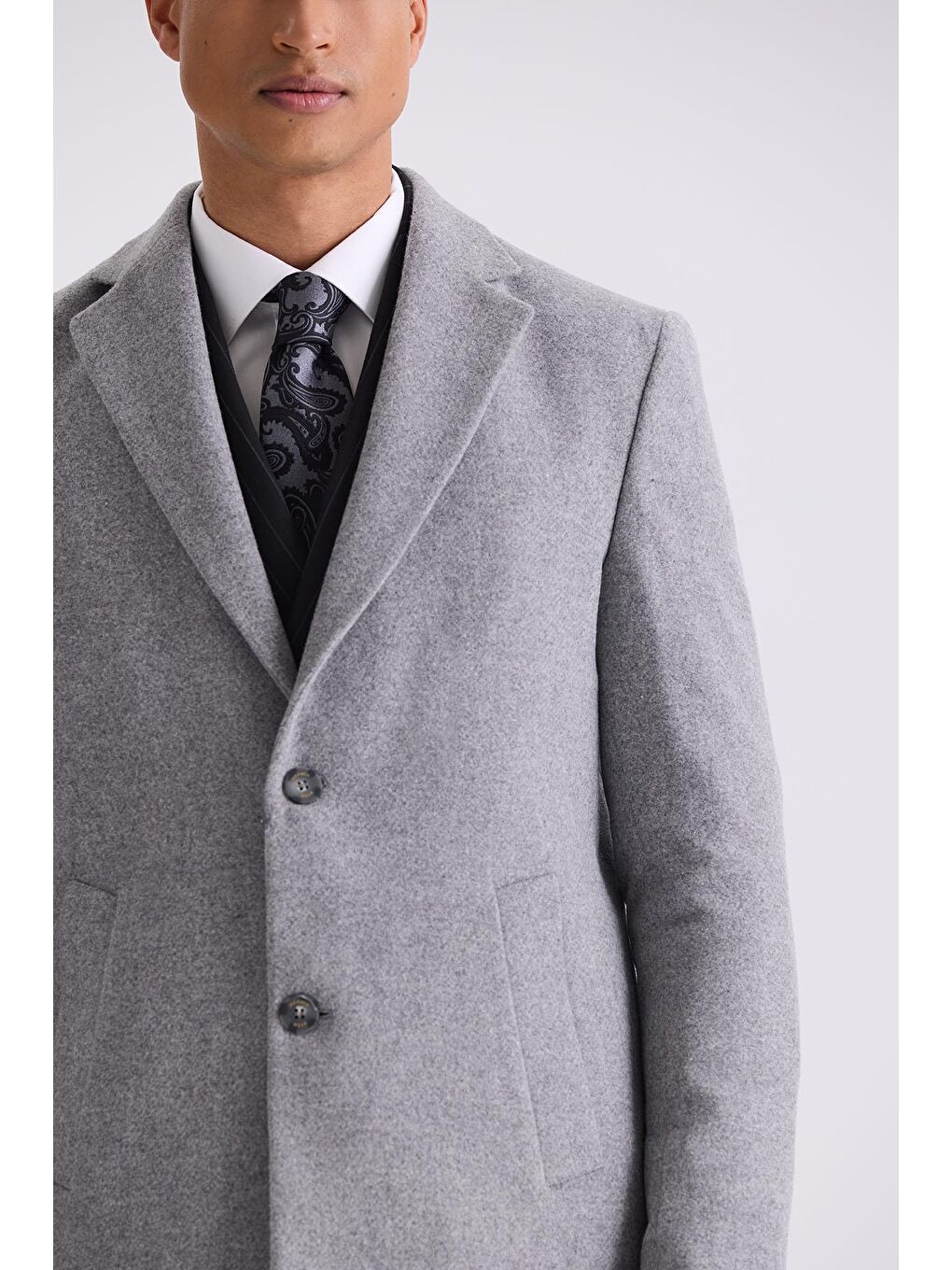 Gri Comfort Fit Mono Yaka Yan Cep Kaşe Kaban-2