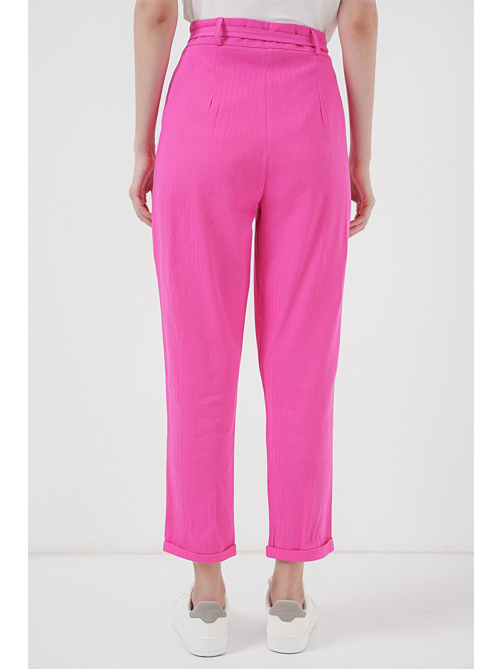 6660 Kemerli Keten Pantolon - Fuşya-5
