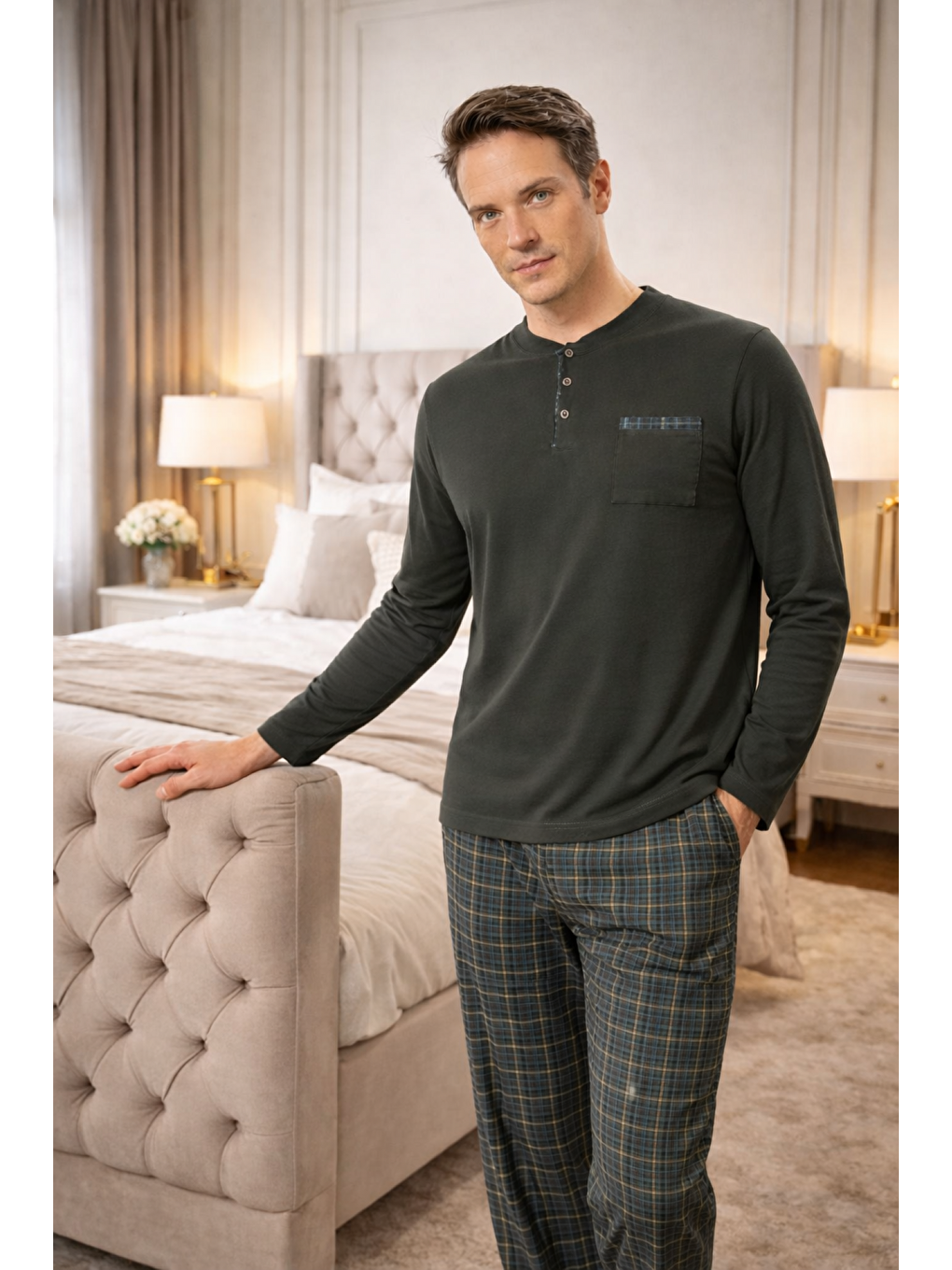 Haki Erkek %100 Doğal Organik Pamuk Uzun Kollu Yüksek Kaliteli Pijama Takımı-4