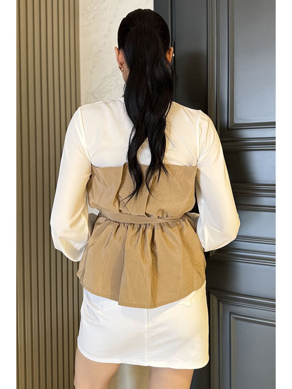 Bej V Yaka Garnili Tokalı Kadın Bluz-3