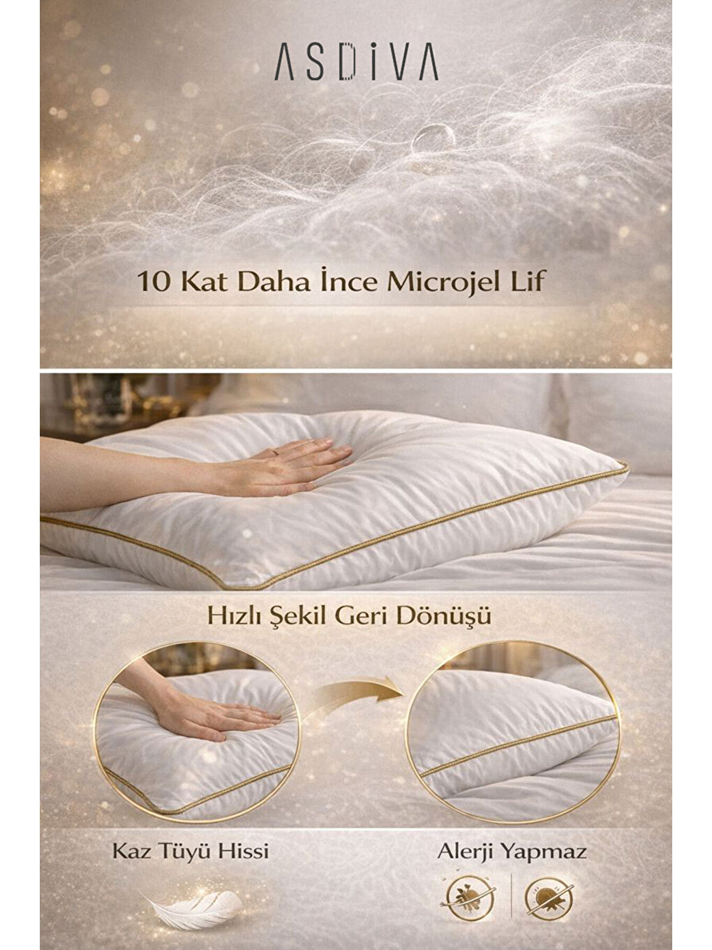 Beyaz Down-Sense Serisi Biyeli Lüks Otel Yastığı 50x70 cm Kaz tüyü hissi Microjel Elyaf 700/900/1100 Gr-2
