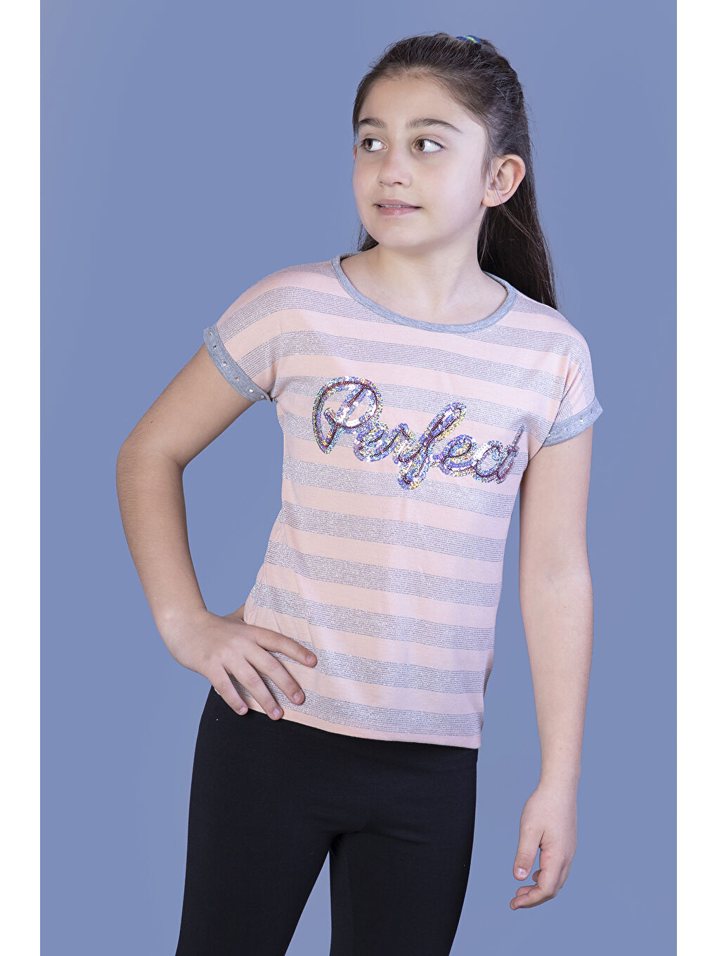 Pembe Kız Çocuk Perfect Nakışlı Kolları İnci Detaylı Tişört