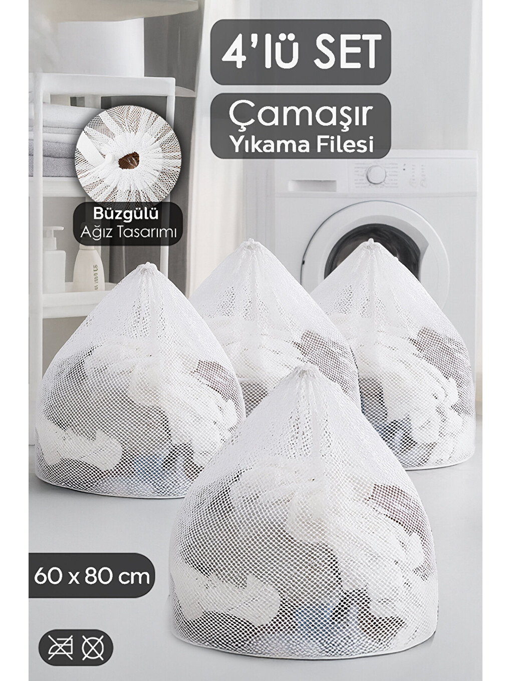 Beyaz 4'lü Perde ve Çamaşır Yıkama Filesi Seti