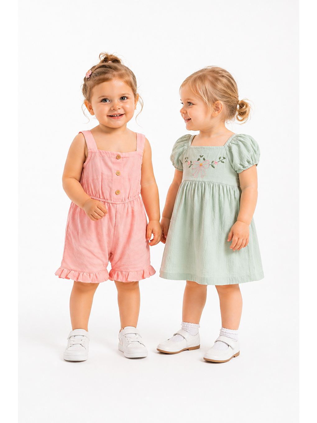 Yeşil Kız Bebek Müslin Kumaş Elbise-Keten Kumaş Tulum %100 Pamuklu (2'li Paket)