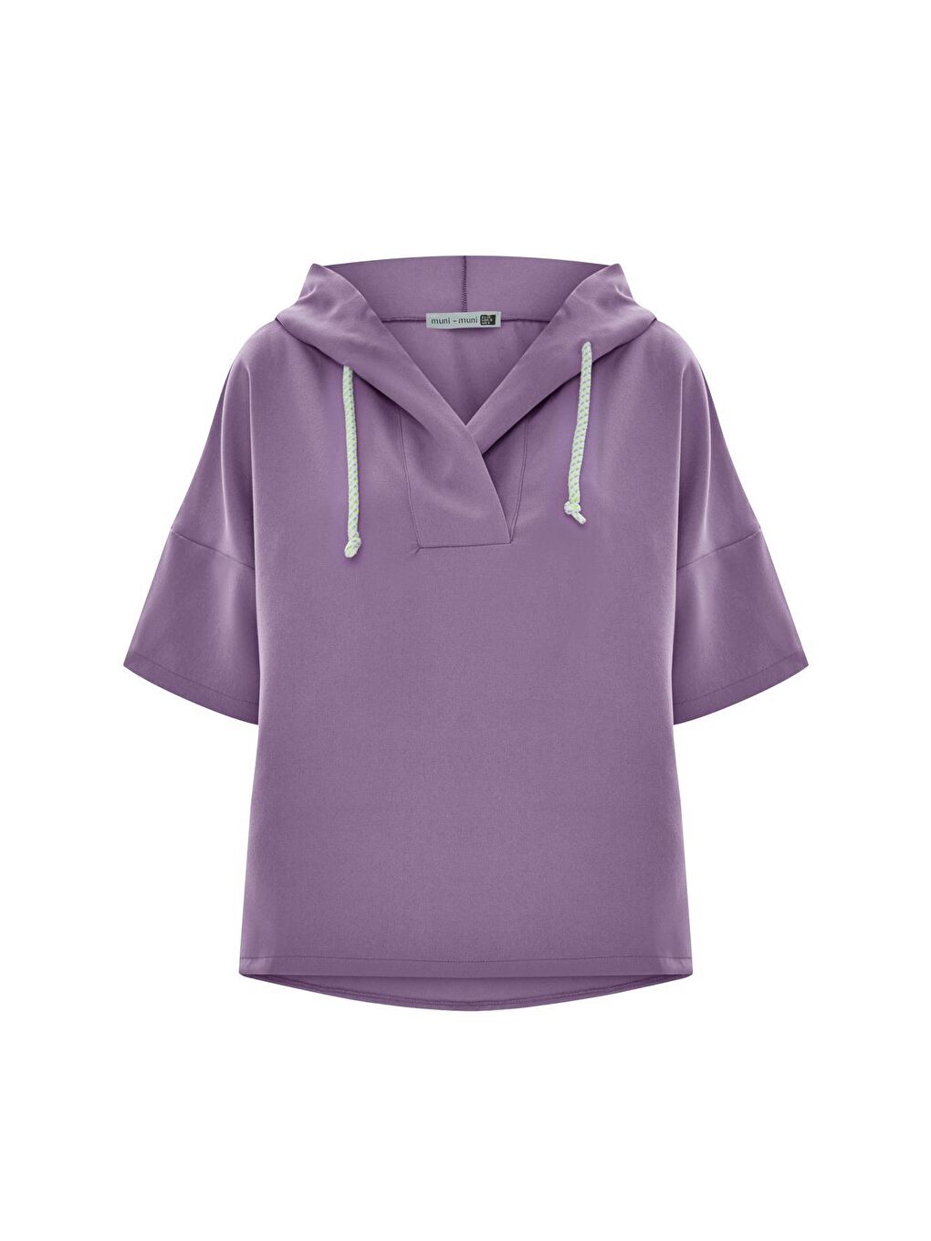 Kısa Kollu Kapüşonlu Düz Renk Kordon Detaylı Cepli Dokuma Sweatshirt-Lila