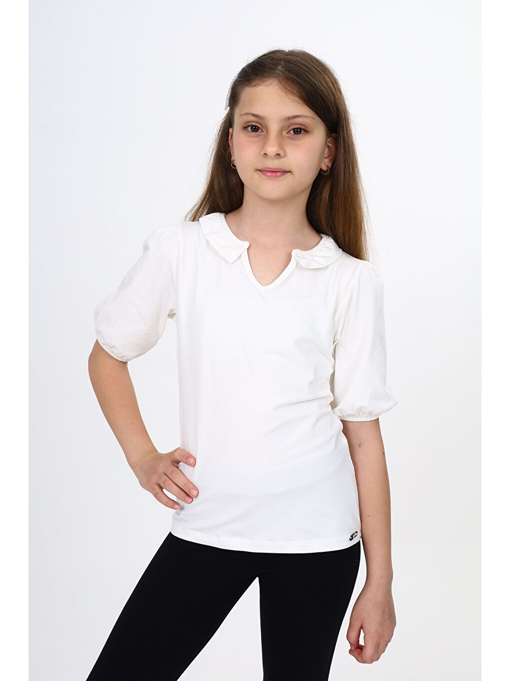 Ekru Kız Çocuk Balon Kol Tişört