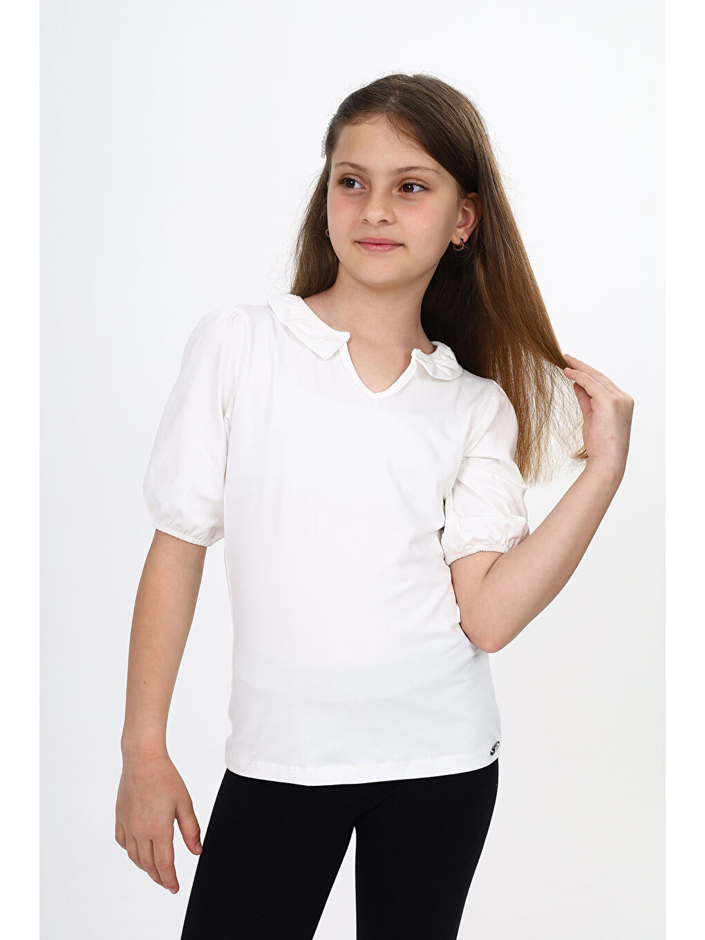 Ekru Kız Çocuk Balon Kol Tişört-1