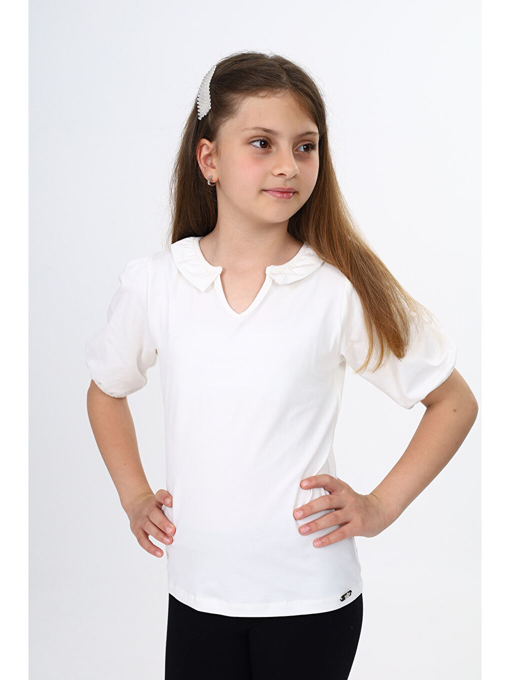 Ekru Kız Çocuk Balon Kol Tişört-2