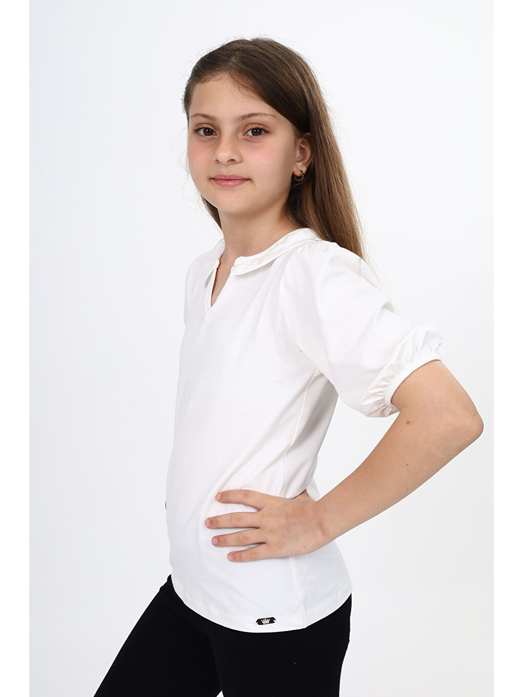 Ekru Kız Çocuk Balon Kol Tişört-4