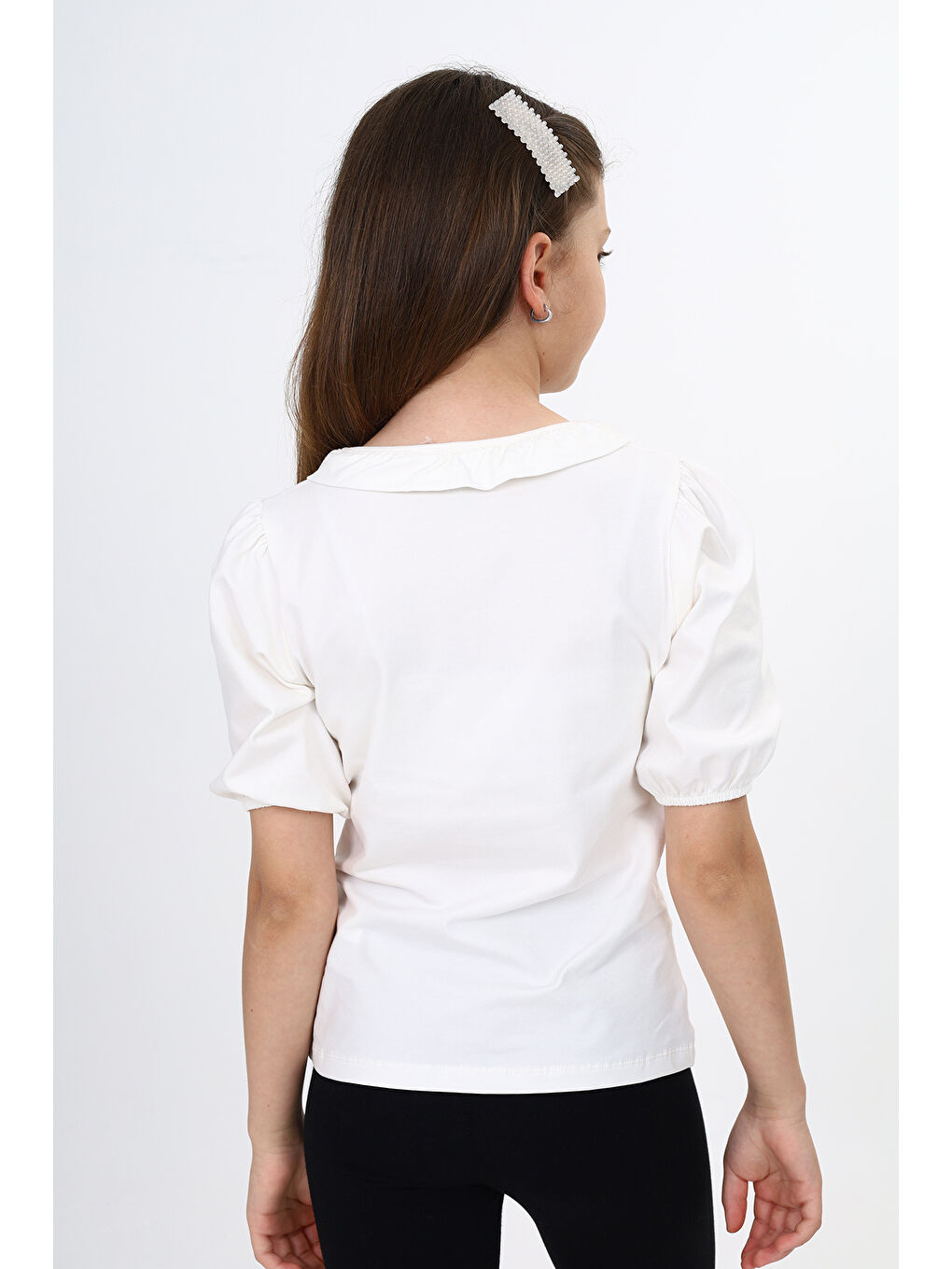 Ekru Kız Çocuk Balon Kol Tişört-5