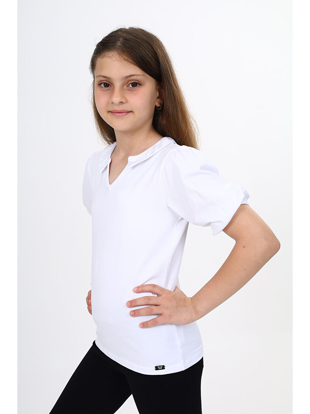 Beyaz Kız Çocuk Balon Kol Tişört-1