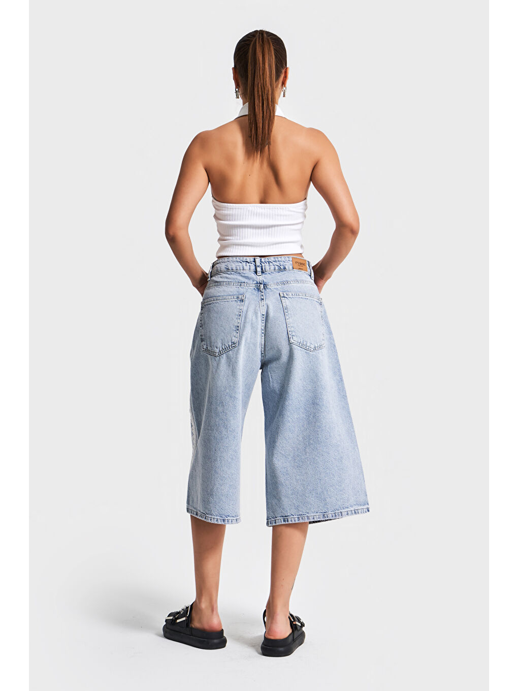 Mavi Kadın Snow Jean Rengi D1 4S5 3 Şerit Dantel Detaylı Maxi Boy Uzun Tasarım Denim Bermuda Şort-3