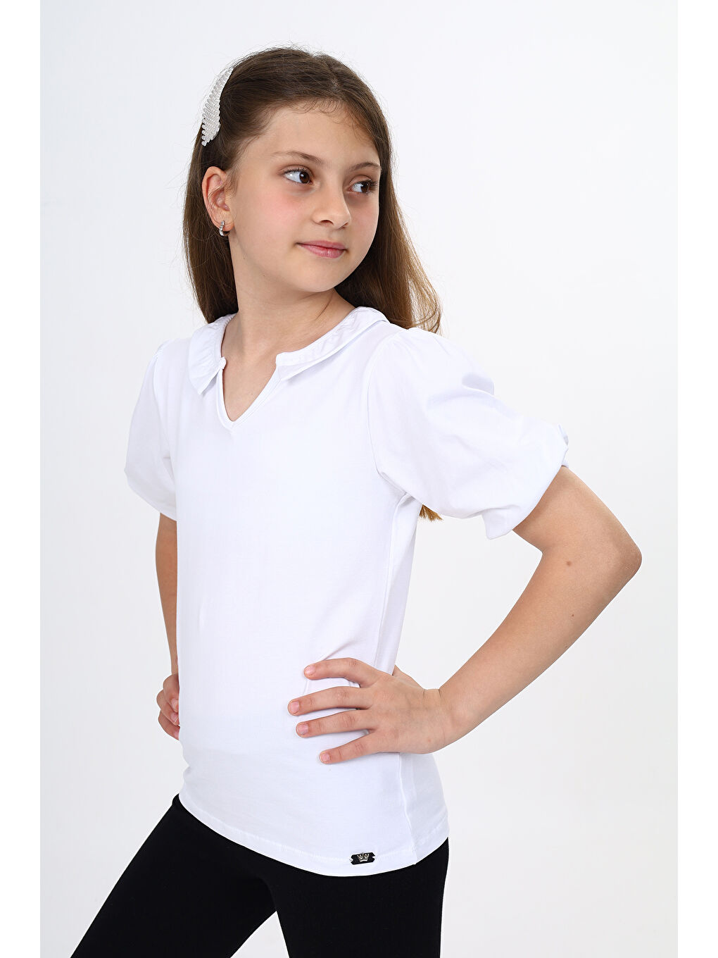 Beyaz Kız Çocuk Balon Kol Tişört-2