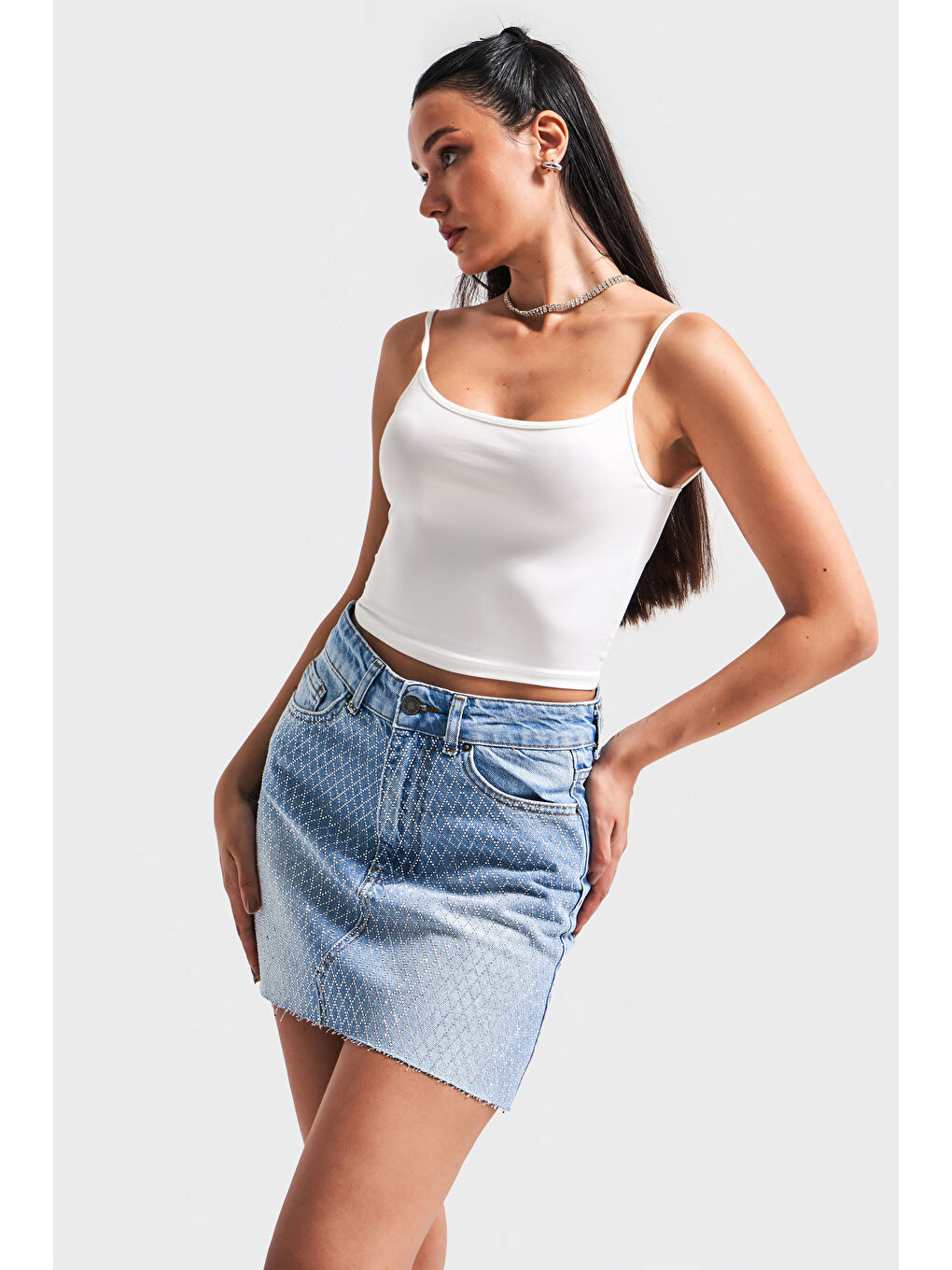 Kadın Mavi Renk T-2s5-4 Parlak Taşlı Midi Boy %100 Pamuk 42 Cm Tasarım Denim Etek-1