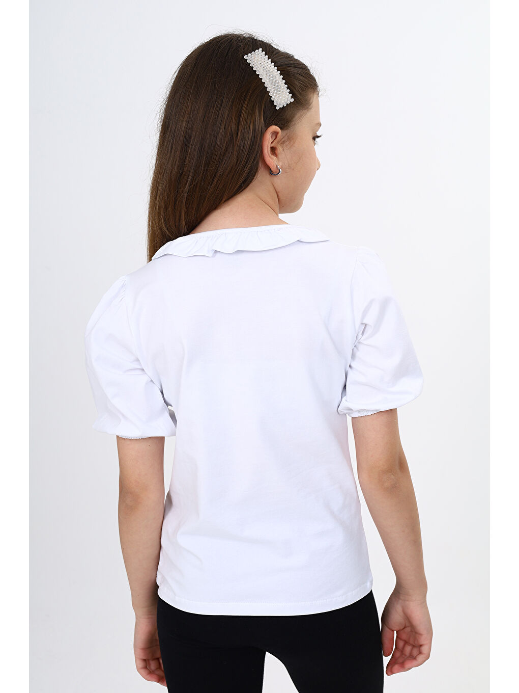 Beyaz Kız Çocuk Balon Kol Tişört-3