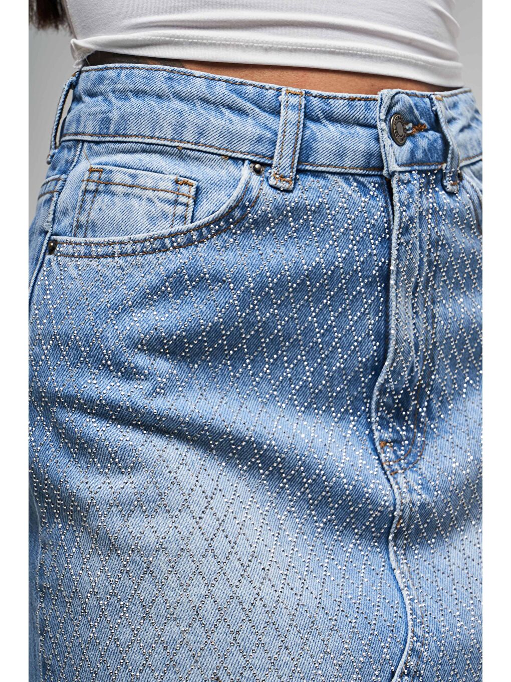 Kadın Mavi Renk T-2s5-4 Parlak Taşlı Midi Boy %100 Pamuk 42 Cm Tasarım Denim Etek-2