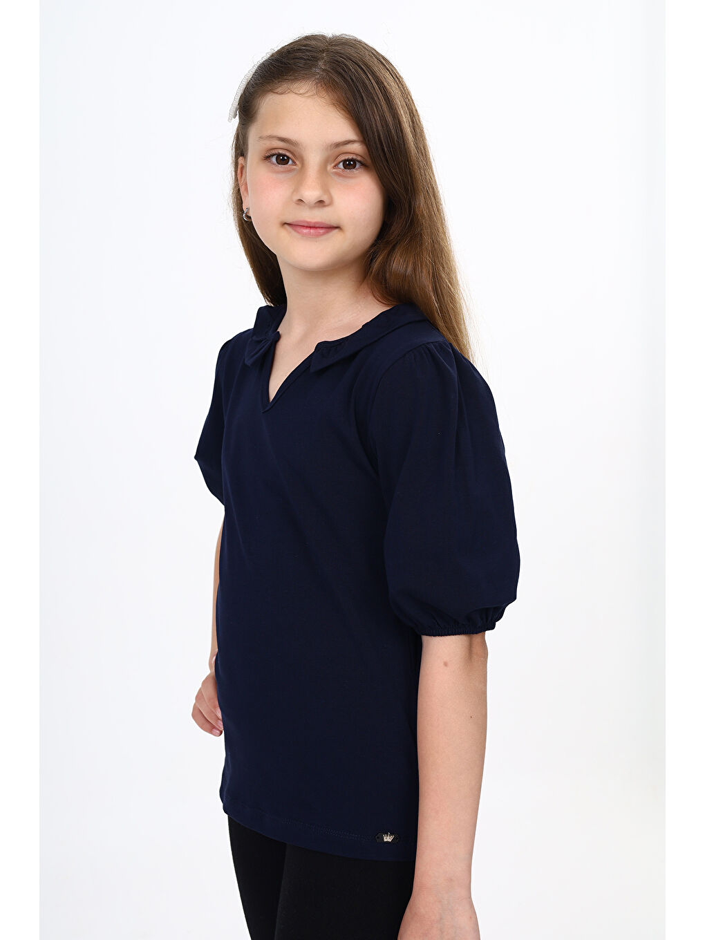 Lacivert Kız Çocuk Balon Kol Tişört-1